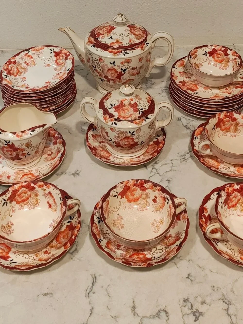 MORIYAMA MORI-MACHI JAPAN Antique China Tea Set Red Lotus